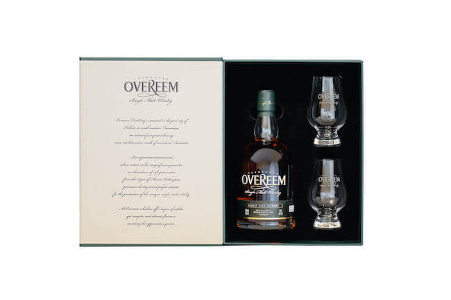 Overeem Single Malt Whisky 43% ABV Gift Box with 2 etched Glencairn Glasses